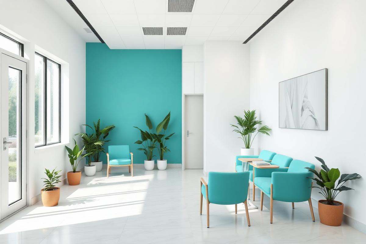 Premium Dental Budapest világos váróterme türkiz dekorációval